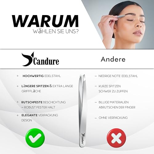 Candure Profi Schräg Pinzette für Herren & Damen – Präzisions Edelstahl Pinzetten zum Augenbrauen, Gesichts und Kinnhaare Zupfen, Eingewachsene Haare & Splitterentfernung mit Lederetui (Silber) 6