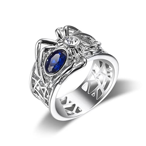 Doccestu 925 Sterling Silver Sapphire Gothic Vintage 3D Black Spider Ring Motorcycle Ring Crystal Punk Jewelry Animal Ring Halloween Ring Metal Rock Band Ring(Size7) #TOP5