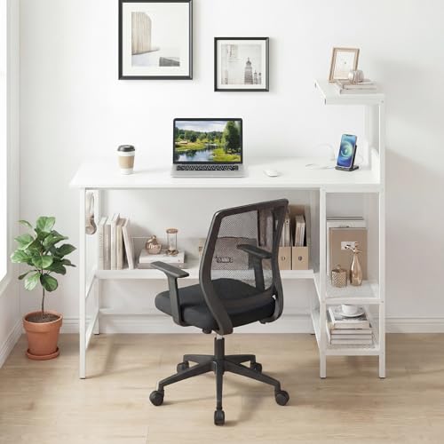 Image of Tangkula 48 inch Reversible Computer Desk with Bookshelves, Home Office Desk with Power Outlets, Hook and Storage Shelves, Writing Study Desk for Living Room, Study Room, Office (White)