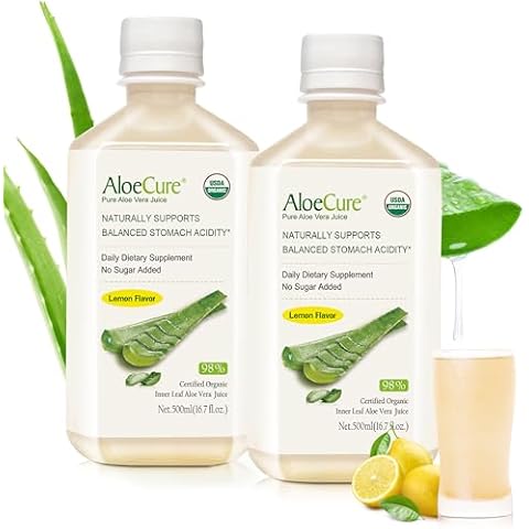 AloeCure USDA Organic Aloe Vera Juice Lemon Flavor - Made Within 12 Hours of Harvest - Natural Digestive Supplement for Balanced Stomach Acidity - Support Digestive and Immune Health, 2 Btls x 16.7oz Cover