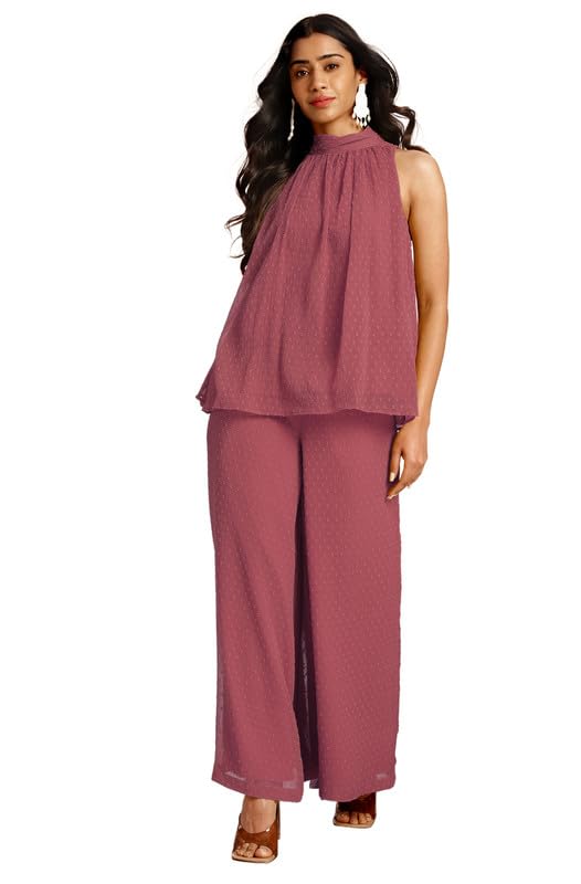 Janasya Women’s Chiffon Woven Design Gathered Co-Ord Set