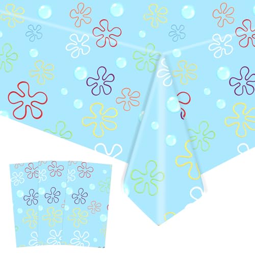 PHOGARY Sponge Birthday Party Tablecloth Blue Ocean Flower Bubble Theme Tablecloths Under The Sea Table Covers Yellow Cartoon Party Decoration Supplies
