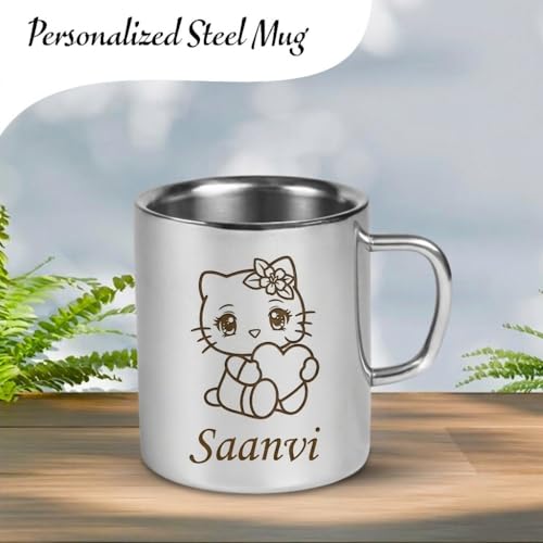 Image of SAVRI Personalized Stainless Steel Mug for Kids with Customized Name Engraved & Cartoon Design | 220 ml Double Wall Insulated Mug for School, Milk, Juice & Water