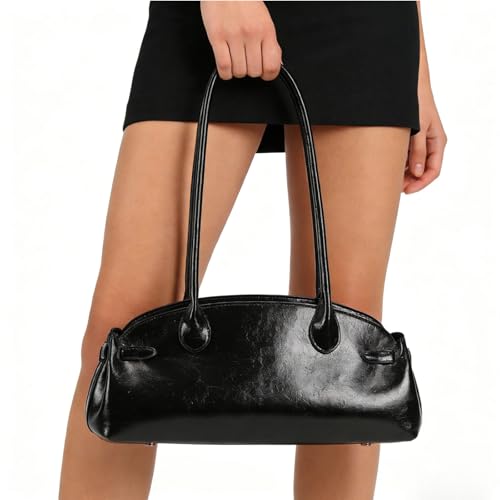 Image of Vintage Shoulder Bag - Glossy Leather Top Handle Handbag, Retro Minimalist Dome Shoulder Purse, Elegant Underarm Bag