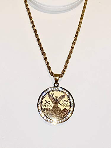 Men Women 925 Italy 14k Gold Finish Iced Round Mexican Coin Centenario Mexicano Moneda 50 Pesos Ice Out Pendant Stainless Steel Real 2.5 mm Rope Chain Necklace, Men's Jewelry, Iced Pesos Coin Pendant, Chain Pendant Rope Necklace (16" NECKLACE) - Image 4