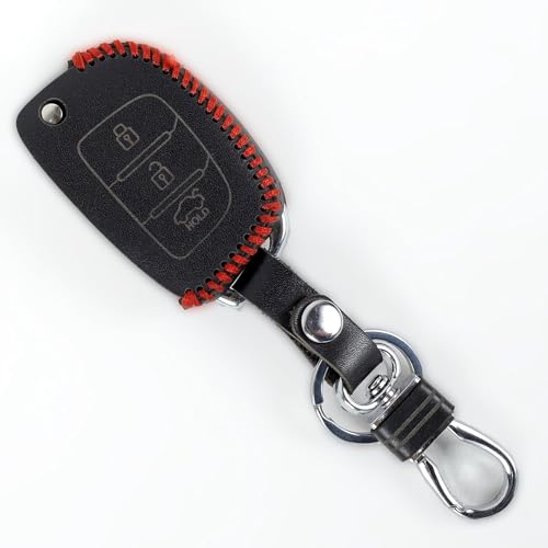Image of Leather Smart Car Key Cover Case with Metal Hook Keychain for Old I 10 Grand, Old I 20, Old Creta (Black)