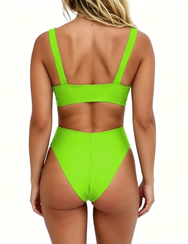 Image of geluboao Bikini Set for Women Solid V Neck Knot Front Push Up High Leg Thong Two Piece Swimsuit