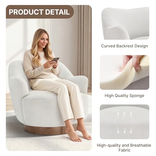 Image of KISLOT, Swivel Accent Chair, Arm Chair with Wooden Base, White, Set of 2 | Upholstered Barrel Chair with Curves Camel Back Design, Modern Arm Chair with Wooden Base, Living Room Bedroom Reading
