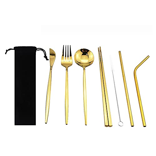 Gugrida 8 Pcs Reusable Utensils with Case, Office Lunch Utensils, Gold Portable Flatware Stainless Set with Waterproof Pouch, Outdoor Camping Picnic Cutlery Set and Straw Knife Fork Spoon (Gold)