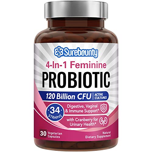 Surebounty Probiotics for Women, 120 Billion CFU 34 Strains, Prebiotics + Digestive Enzymes + Cranberry, Highest Potency, 4-in-1 Feminine Probiotic, Digestive, Vaginal, Mood, Immune Support, 30 Caps