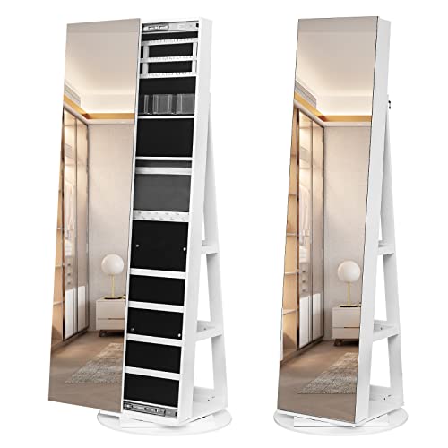 Swivel Jewelry Cabinet with Mirror - Full Length Rotating Armoire &amp; Foldable Makeup Shelf - Ideal Valentine's Day Gift for Jewelry Organization &amp; Accessory Storage