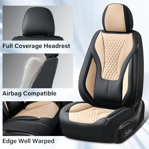 Image of Coverado Waterproof Nappa Leather Car Seat Covers, Automotive Fullset Seat Covers, 5 Seat Car Seat Cushion & Seat Protector, Black&Beige Front and Rear Covers Universal Fit for Most Cars, SUVs, Trucks