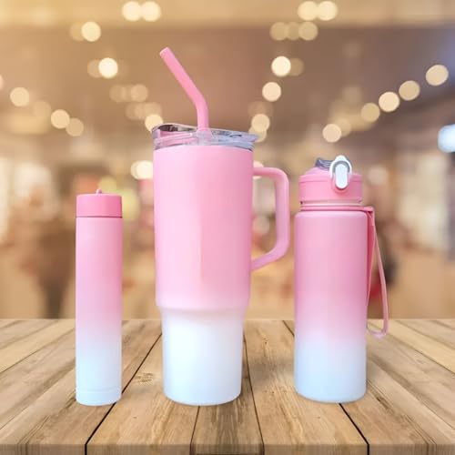 Image of Large Handle Water Bottle with Straw for Desk, Office, Travel - 1200 /900 /300 ML Gradient & Matte Hydration Bottle Set (Pink)