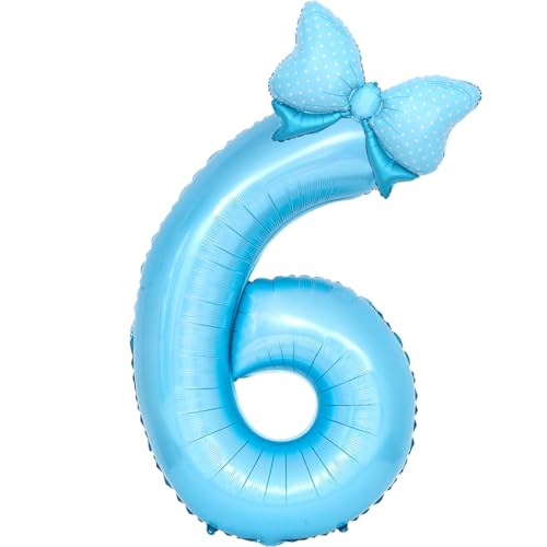 Image of Light Blue 6 Balloon Number Pastel Birthday Decorations for Women, Bow Balloons Foil Mylar Large 40 inch 6 Birthday Balloon for Girls Bow Butterfly Coquette 6th Birthday Party Decorations