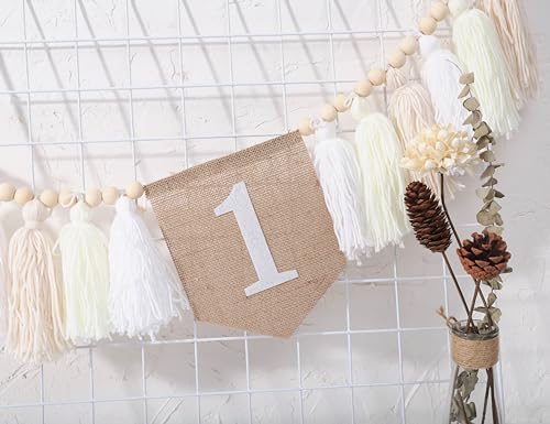Image of 1st Birthday High Chair Banner - White Tassel Theme Banner For Girl - First Birthday Party Banner - White Fringe Wood Bead High Chair Wreath- Wall Hangings Decorative for Kids Bedroom Nursery Party Holiday Classroom Decoration (white)