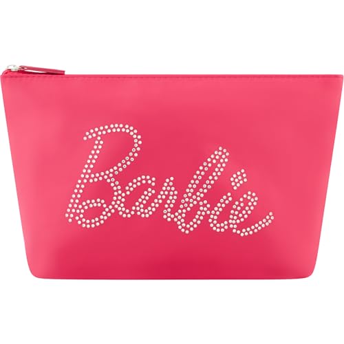 Concept One Barbie Women's Makeup Bag, Small Travel Cosmetic Zipper Pouch Organizer, Terry Appliqué, Pink
