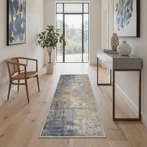 Image of BEIMO Area Rugs 8x10 for Living Room Bedroom, Modern Abstract Machine Washable Rug, Large Soft Low Pile Floor Cover with Non Slip Backing for Dining Room, Dusty Blue