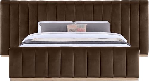 Image of Meridian Furniture AmaraBrown-K133 Collection Modern | Contemporary King Bed, Ultra Luxe Brown 460 GSM Velvet, Natural Finish, Solid Wood Base and Inner Frame, 133 inch W x 99 inch D x 51 inch H, Brown, King
