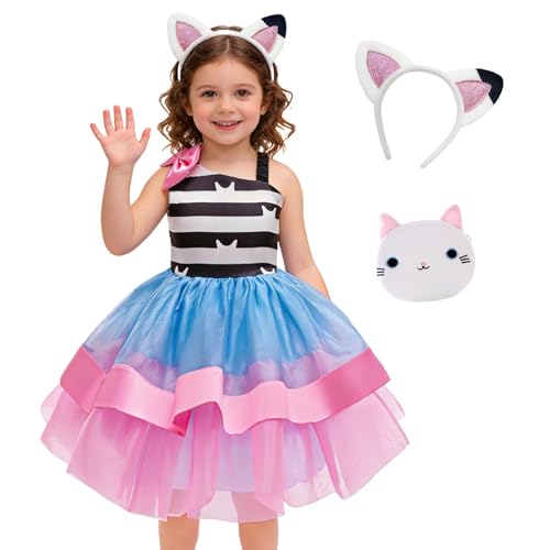 FrostDrift Cat Rainbow Costume for Girls Kids Princess Birthday Tutu Outfit with Headband Bag Easter Dress up