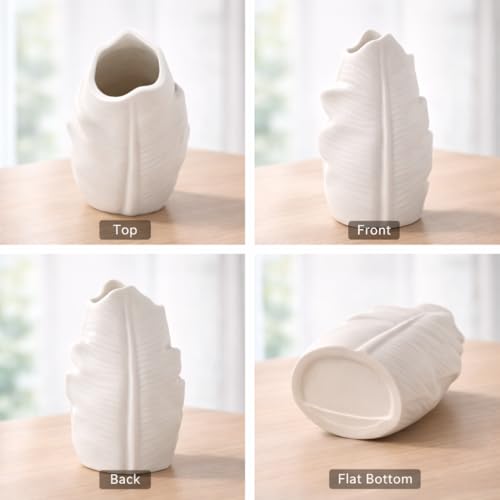 Image of Plastic White Ceramic-Look Leaf Design Vase for Flowers, Modern Textured Decorative Table Vase for Living Room, Bedroom, Office, Dining Table, Lightweight & Unbreakable Flower Pot (Leaf Shape)