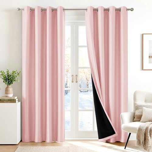 Image of Deconovo 100% Blackout Curtains with Black Liner, Thermal Insulated Noise‑Reducing Grommet Drapes, Double‑Layer Room Darkening for Bedroom, Nursery, Home Office, 2 Panels, Crystal Pink, 52W x 84L