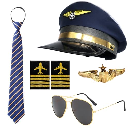 songyea Pilot Kapitän Kostüm Zubehör Piloten Kostüm Herren Kit mit Pilot Kapitän Hut Sonnenbrille Krawatten Bestickter Schulteraufnäher und Anstecknadeln für Mottoparty Cosplay