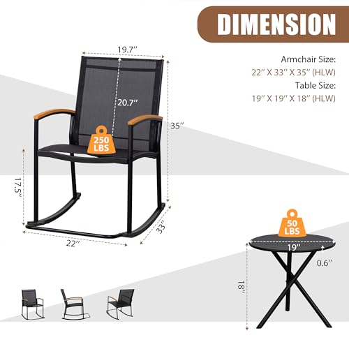 Shintenchi 3 Piece Outdoor Rocking Bistro Set, Textilene Fabric Small Patio Furniture Set, Front Porch Rocker Chairs Conversation Set with Table for Lawn, Garden, Balcony, Poolside (Black) - Image 6