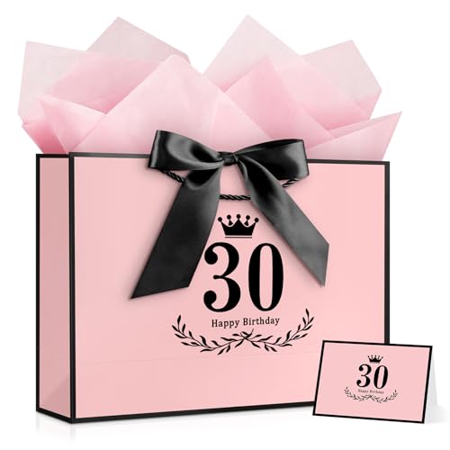 Image of JMANNI 30th Birthday Gift Bag, Pink with Black Satin Bow & Crown Design, Medium Happy 30th Birthday Present Bag for Party Favors, Size 12.60 inchx8.66 inchx4.33 inch