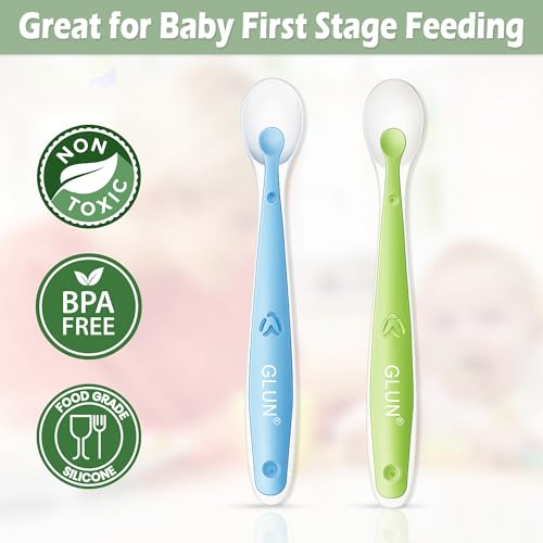 Image of GLUN Baby Feeding Spoons Pack of 2 Green & Blue Colour, BPA Free, Feeding for Baby, Toddlers, & Children, Silicone Spoon