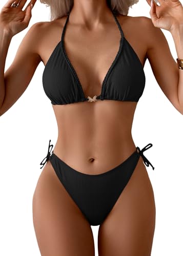 Eomenie Ribbed Bikini Sets for Women Sexy Halter Triangle Top Two Piece Bathing Suit Tie Side Swimsuit