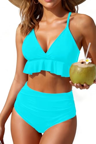 Image of Women Ruffle Bikini Set High Waisted Tummy Control Two Piece Swimsuits | Ruffle,High Waisted,Tummy Control,Removable Bra Pads,Adjustable Shoulder Straps,Full Coverage