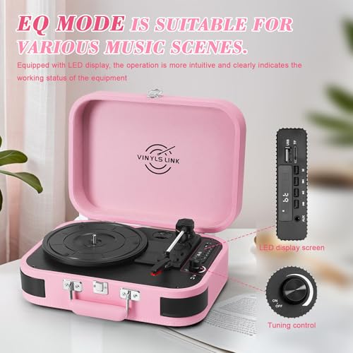 Image of VINYLS LINK Vinyl Record Player 3 Speed Bluetooth Turntable Belt Drive LP Play Portable Suitcase Record Player Built-in Speaker with EQ Mode USB Recording RCA Output /AUX Input Headphone Jack Pink