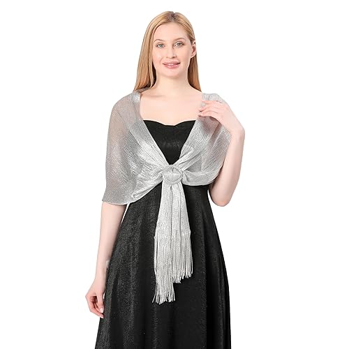 Image of Stoles for Evening Dress with Buckle, Fringes - Polyester Blend, Shimmer Stole Wraps for Weddings, Party | Women's Clothing