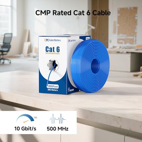 Image of Cable Matters [UL Listed] 10Gbps Plenum (CMP) Rated 23AWG Bare Copper Cat 6 Cable - 500ft, Solid, UTP Cat6 Bulk Ethernet Cable, Cat6 Ethernet Cord, Blue | Plenum CMP Rated, Bare Copper, Solid U /UTP, Cat6 Bulk Ethernet Cable