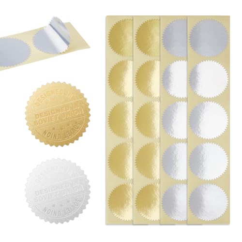 UNICRAFTALE 400 Stück 2 Farben Präge Blanko Aufkleber Metallische Aufkleber Gewelltem Rand Selbstklebende Zertifikatssiegel Geprägte Folienaufkleber Siegelaufkleber Für Prägestempel Weinflaschen