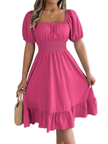 Robe midi froncée col carré femme vêtement été chic décontracté ligne A