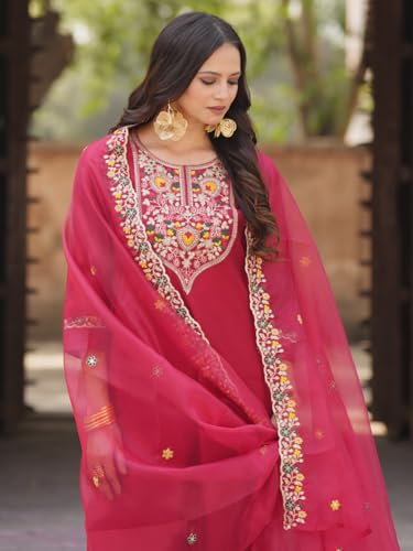 Image of VredeVogel Kurta Set with Dupatta | Viscose Rayon Embroidered Kurta Set for Women | Women's Ethnic Casual Kurti Set |Kurta Pant Festive Suit