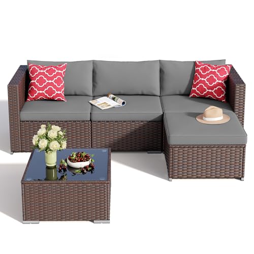 Aiho 5 Pieces Patio Furniture Set All-Weather Outdoor Wicker Sectional