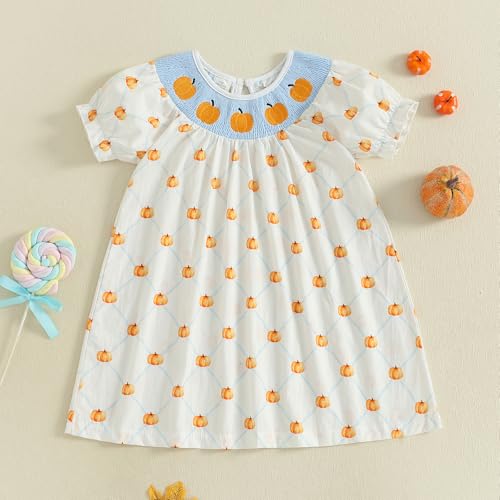Toddler Baby Girl Smocked Halloween Dress Puff Sleeve Pumpkin Embroidery Dresses Halloween Outfit for Girls2