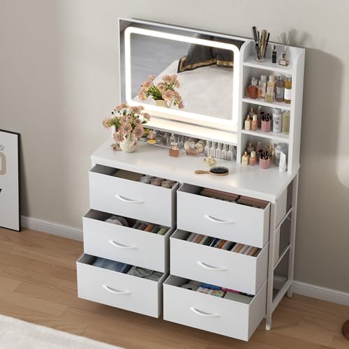 Gyfimoie Dresser with Mirror for Bedroom 33 W Chest of Drawers with LED Mirror White Dresser with 6 Large Fabric Drawers Modern Makeup Table Vanity Desk with 3 Storage Shelves 3 Lighting Modes