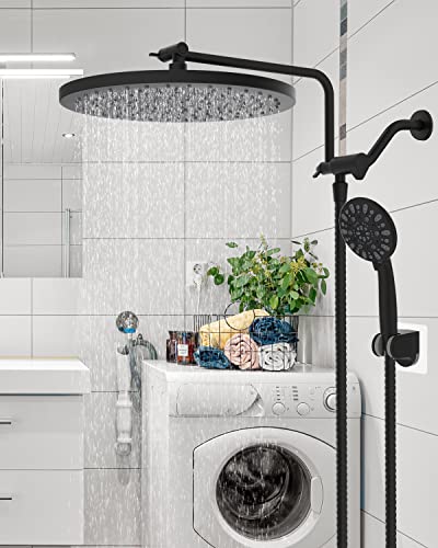 Hibbent Metal Shower Head, 12'' High Pressure Rainfall Shower Head/Handheld Showerhead Combo With 12'' Adjustable Shower Extension Arm, 7-Spray, 71'' Hose, Showerhead Holder, Matte Black #TOP7