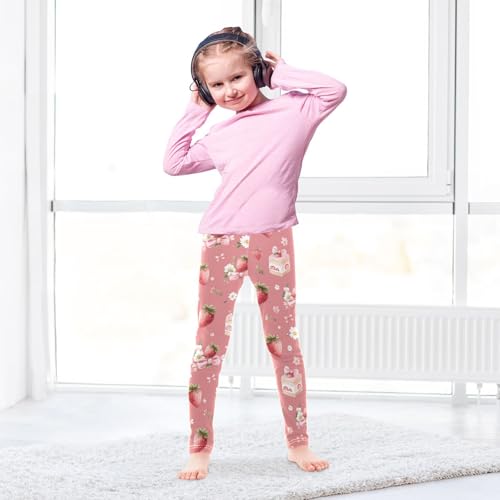 Strawberry Cake Bow Girls Leggings Ultra Soft Compression Yoga Gym Pants for Kids 4-10T4