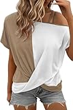 Dokotoo T Shirts for Women Twist Knot Color Block Loose Fit Off The Shoulder Top Trendy Off The Shoulder Top Spring Tops for Women 2025 Khaki Medium