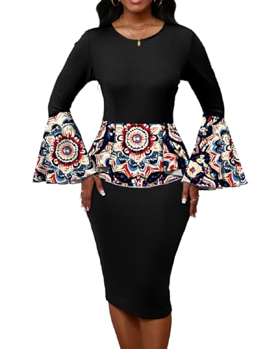 Xinlees Damen Bodycon Bleistiftkleid mit Glockenärmeln Elegant und Vielseitig Casual Etuikleid, Schwarz 12450, Groß