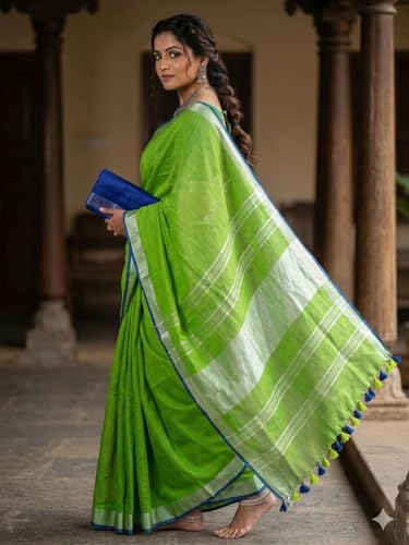 Image of STB-SILK TEXTILES BHAGALPUR Women's Linen Slub Saree With Contrast Blouse Piece