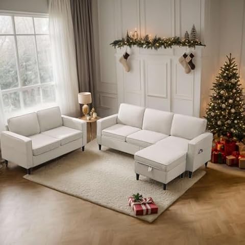 MUZZ Sofa and Loveseat Set, Linen Upholstered Sofa Couch with Side Pockets & Movable Storage Ottoman, Free Combination Sofa Set Include Loveseat and 3 Seater Couch (Beige) Cover