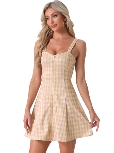 Image of Allegra K Women's Plaid Tube Dress Zip Up Strap Sleeveless Party Mini A-Line Dress