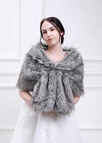 Bridal Faux Fur Wrap Wedding Fur Stole with Brooch Evening Party Warm Dress Up3