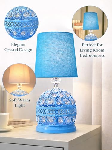 Image of Modern Small Crystal Table Lamp,Contemporary Bedroom Bedside Nightstand Lamp,Morden Minimalist, Desk Globe Lamp for Living Room Girls Kids Room, White Fabric Shade (Blue)