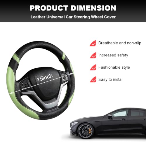 Image of Car Steering Wheel Cover, 15 Inch Premium Leather Breathable Non-Slip Wheels Wrap, Universal Auto Comfortable Steering Wheel Protector for SUV Truck Van, Car Accessories (Light Green)